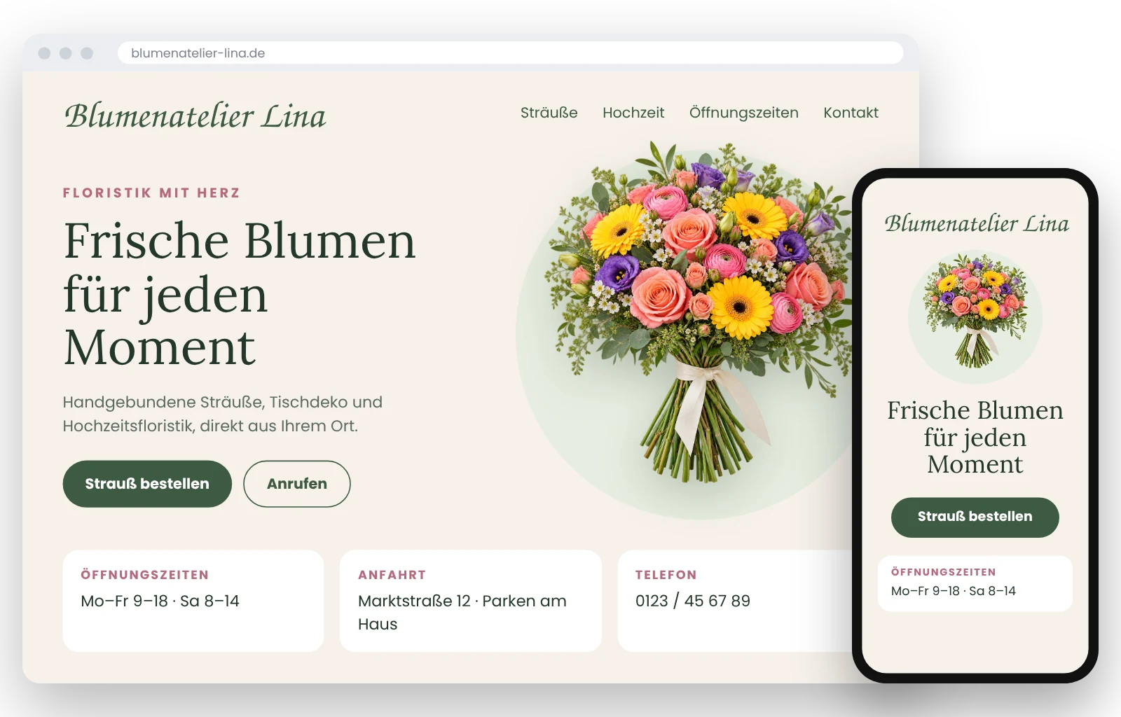 Beispiel: One-Pager für einen Blumenladen, am Computer und auf dem Handy